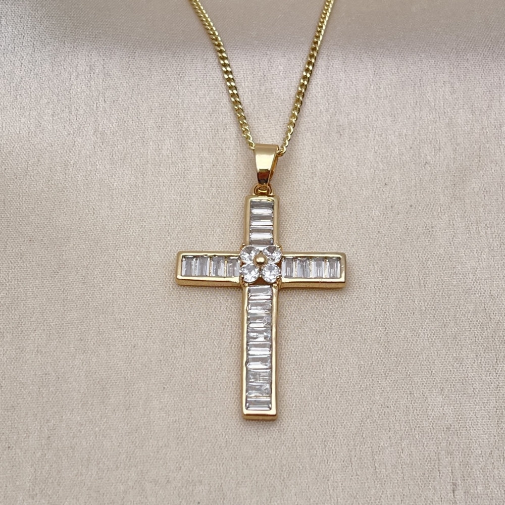 Oro Laminado Pendant Necklace, Gold Filled Style Cross and Baguette Design, with White Cubic Zirconia, Polished, Golden Finish
