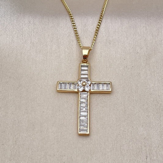Oro Laminado Pendant Necklace, Gold Filled Style Cross and Baguette Design, with White Cubic Zirconia, Polished, Golden Finish