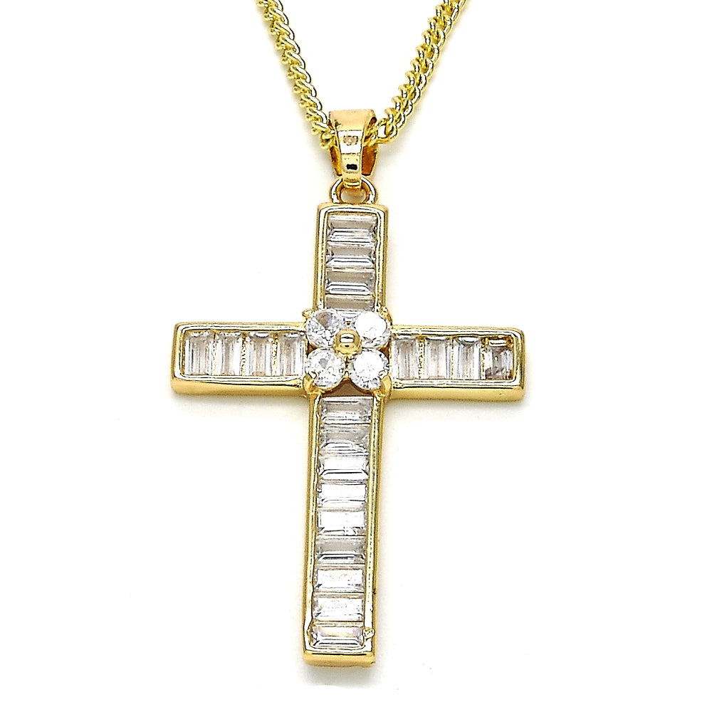 Oro Laminado Pendant Necklace, Gold Filled Style Cross and Baguette Design, with White Cubic Zirconia, Polished, Golden Finish