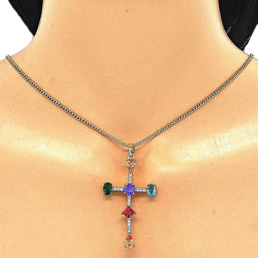 Oro Laminado Pendant Necklace, Gold Filled Style Cross and Teardrop Design, with Multicolor Cubic Zirconia, Polished, Golden Finish