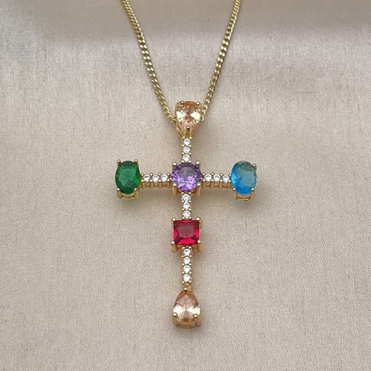 Oro Laminado Pendant Necklace, Gold Filled Style Cross and Teardrop Design, with Multicolor Cubic Zirconia, Polished, Golden Finish