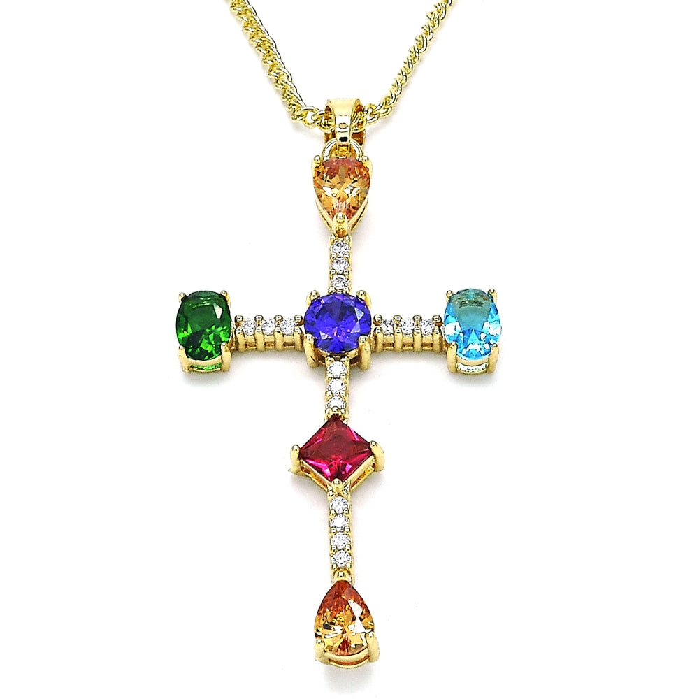 Oro Laminado Pendant Necklace, Gold Filled Style Cross and Teardrop Design, with Multicolor Cubic Zirconia, Polished, Golden Finish