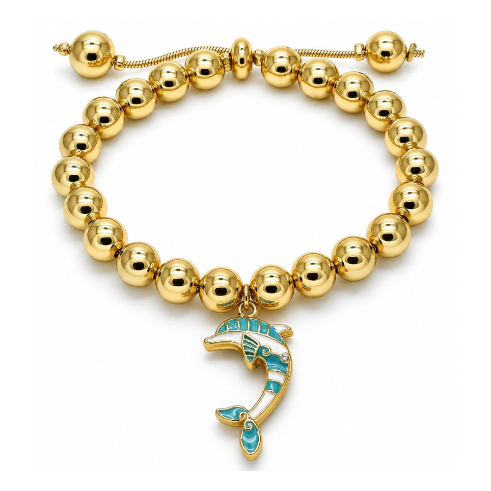 Oro Laminado Adjustable Bolo Bracelet, Gold Filled Style Dolphin and Ball Design, with White Crystal, Turquoise Enamel Finish, Golden Finish