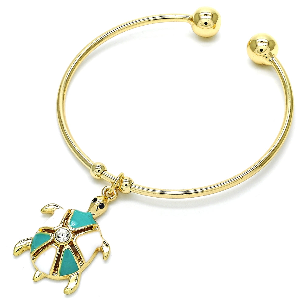 Oro Laminado Individual Bangle, Gold Filled Style Turtle Design, with White Crystal, Turquoise Enamel Finish, Golden Finish