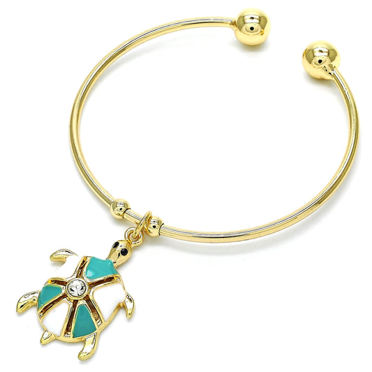 Oro Laminado Individual Bangle, Gold Filled Style Turtle Design, with White Crystal, Turquoise Enamel Finish, Golden Finish