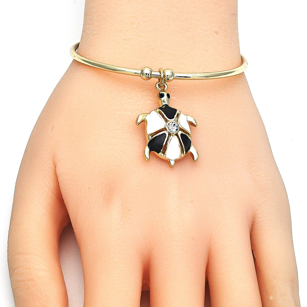 Oro Laminado Individual Bangle, Gold Filled Style Turtle Design, with White Crystal, Black Enamel Finish, Golden Finish