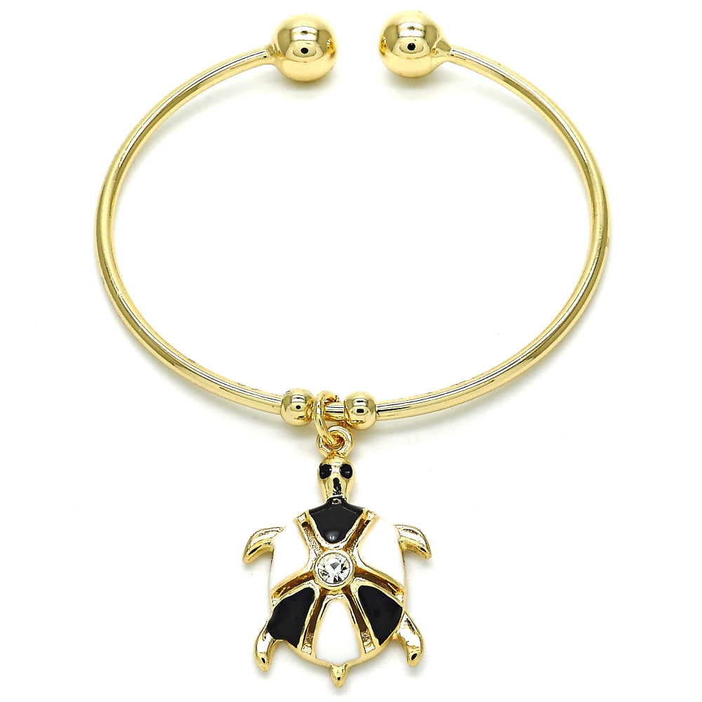 Oro Laminado Individual Bangle, Gold Filled Style Turtle Design, with White Crystal, Black Enamel Finish, Golden Finish