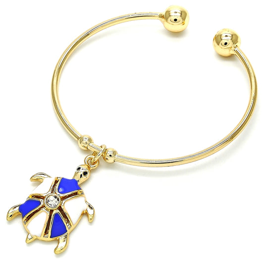 Oro Laminado Individual Bangle, Gold Filled Style Turtle Design, with White Crystal, Blue Enamel Finish, Golden Finish