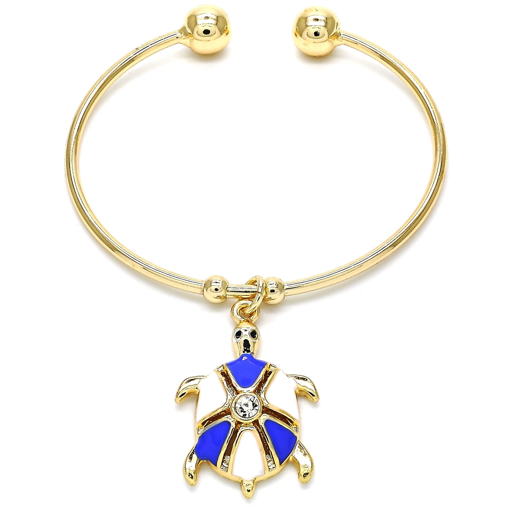 Oro Laminado Individual Bangle, Gold Filled Style Turtle Design, with White Crystal, Blue Enamel Finish, Golden Finish