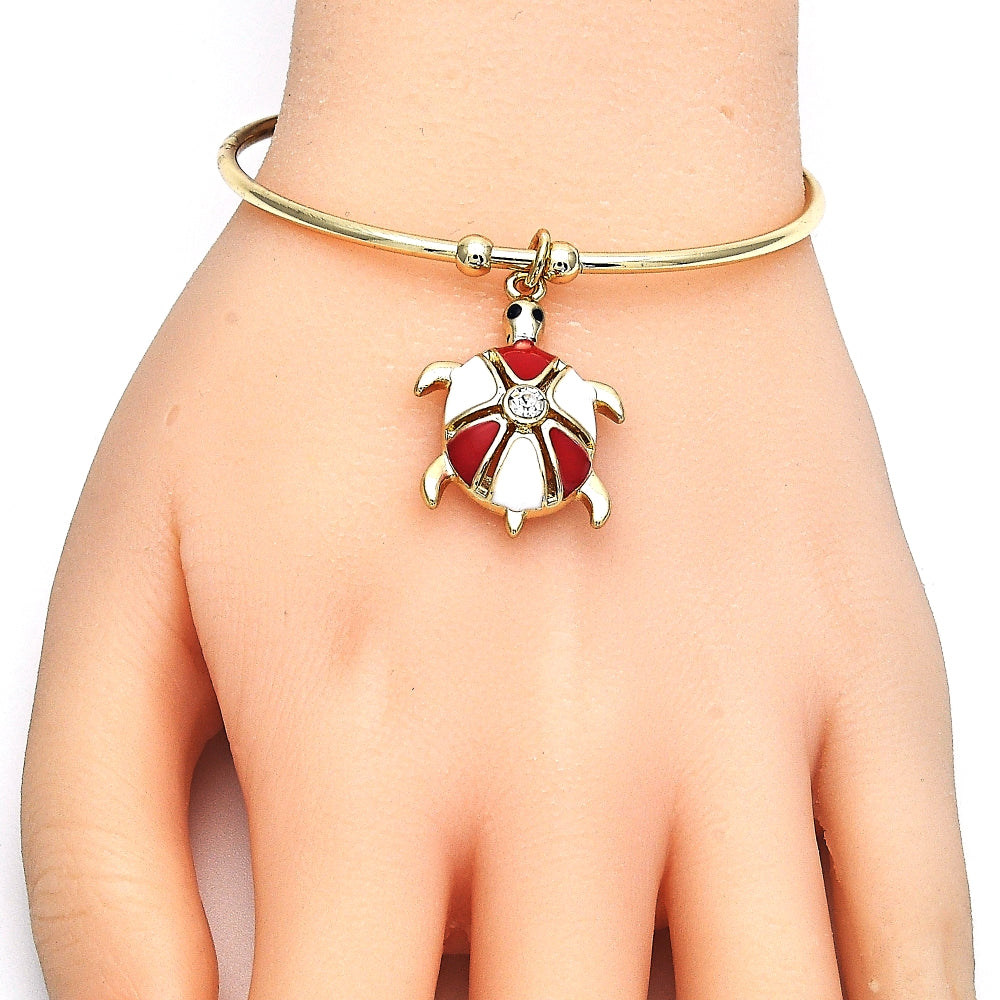 Oro Laminado Individual Bangle, Gold Filled Style Turtle Design, with White Crystal, Red Enamel Finish, Golden Finish
