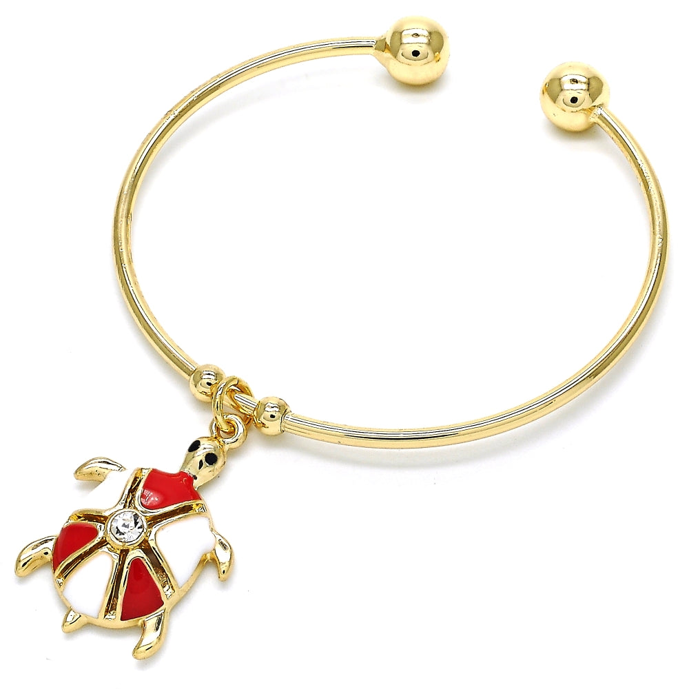 Oro Laminado Individual Bangle, Gold Filled Style Turtle Design, with White Crystal, Red Enamel Finish, Golden Finish