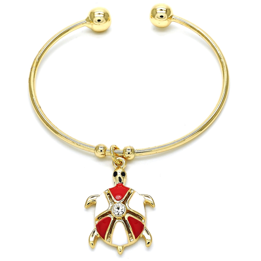 Oro Laminado Individual Bangle, Gold Filled Style Turtle Design, with White Crystal, Red Enamel Finish, Golden Finish