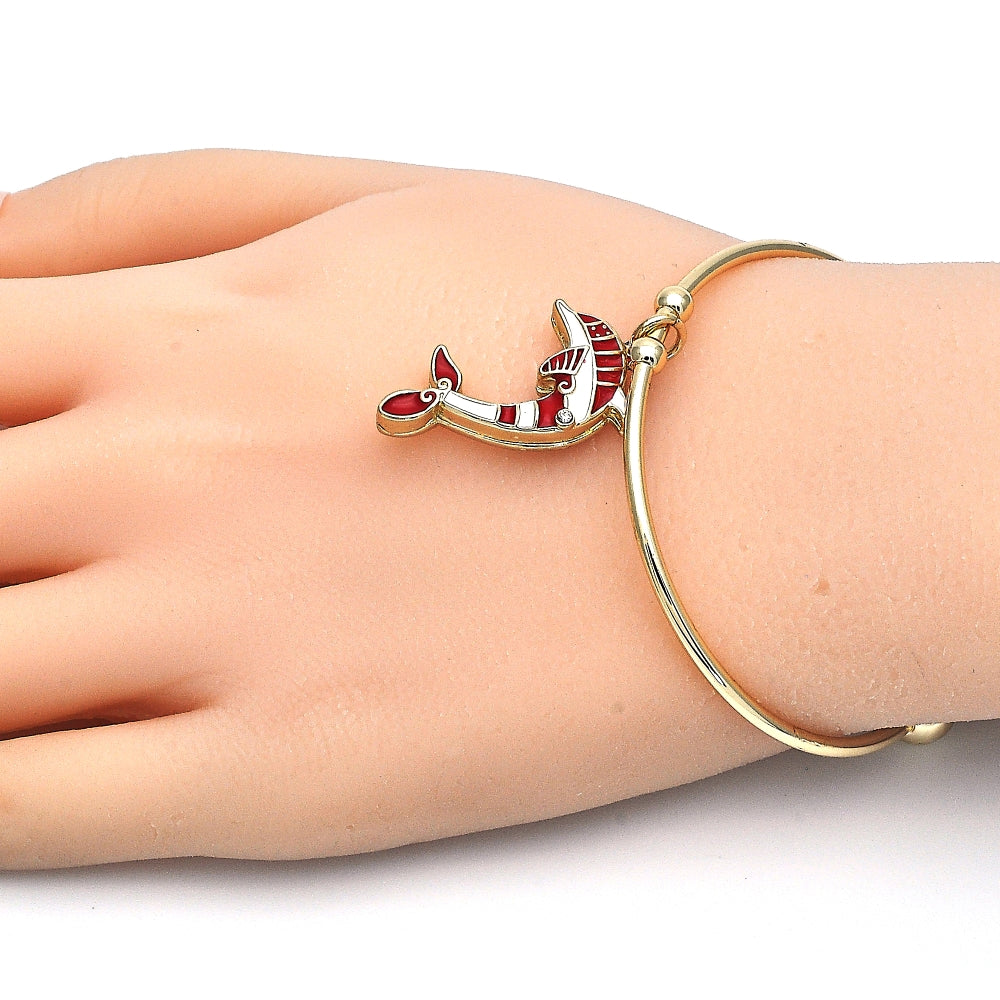 Oro Laminado Individual Bangle, Gold Filled Style Dolphin Design, with White Crystal, Red Enamel Finish, Golden Finish