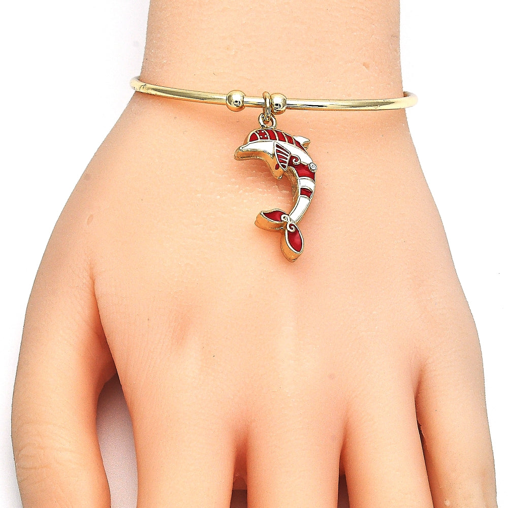 Oro Laminado Individual Bangle, Gold Filled Style Dolphin Design, with White Crystal, Red Enamel Finish, Golden Finish