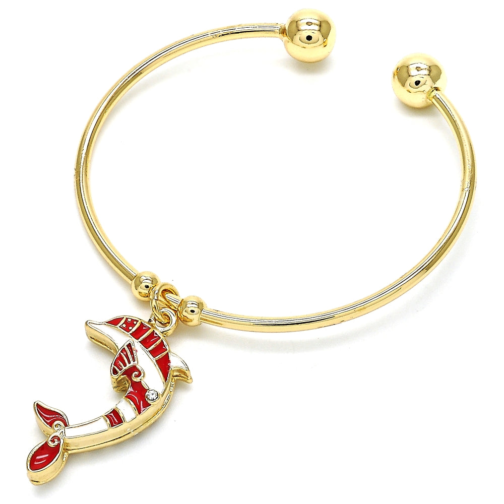 Oro Laminado Individual Bangle, Gold Filled Style Dolphin Design, with White Crystal, Red Enamel Finish, Golden Finish