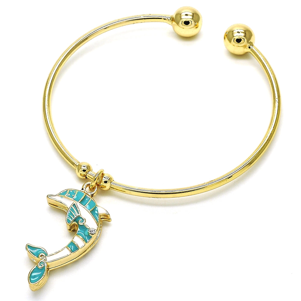 Oro Laminado Individual Bangle, Gold Filled Style Dolphin Design, with White Crystal, Turquoise Enamel Finish, Golden Finish