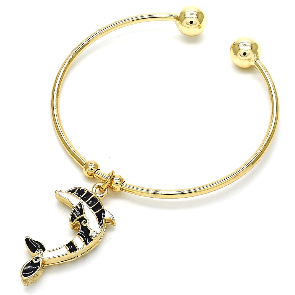 Oro Laminado Individual Bangle, Gold Filled Style Dolphin Design, with White Crystal, Black Enamel Finish, Golden Finish