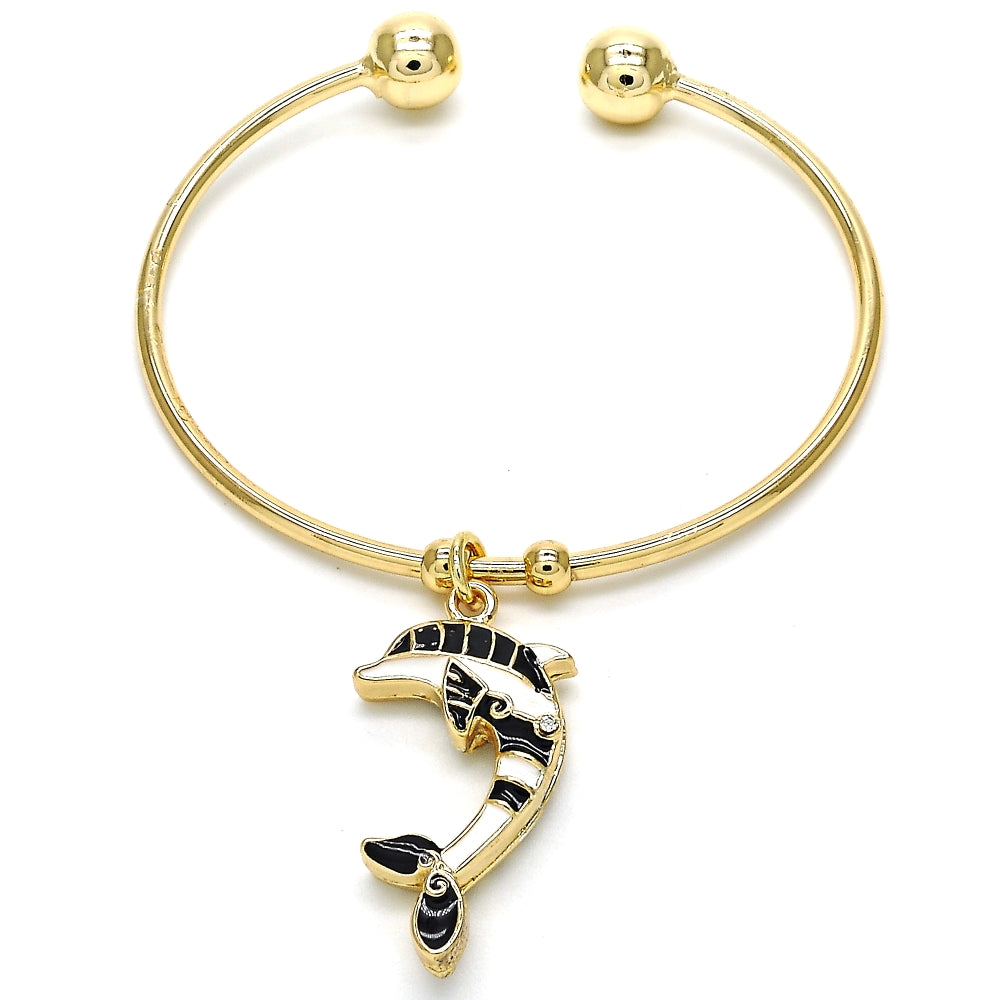 Oro Laminado Individual Bangle, Gold Filled Style Dolphin Design, with White Crystal, Black Enamel Finish, Golden Finish