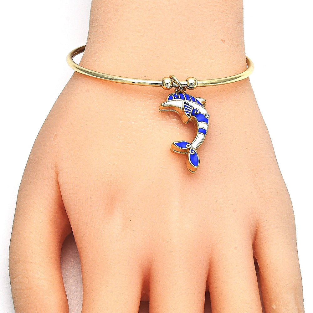 Oro Laminado Individual Bangle, Gold Filled Style Dolphin Design, with White Crystal, Blue Enamel Finish, Golden Finish
