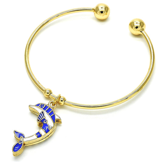 Oro Laminado Individual Bangle, Gold Filled Style Dolphin Design, with White Crystal, Blue Enamel Finish, Golden Finish