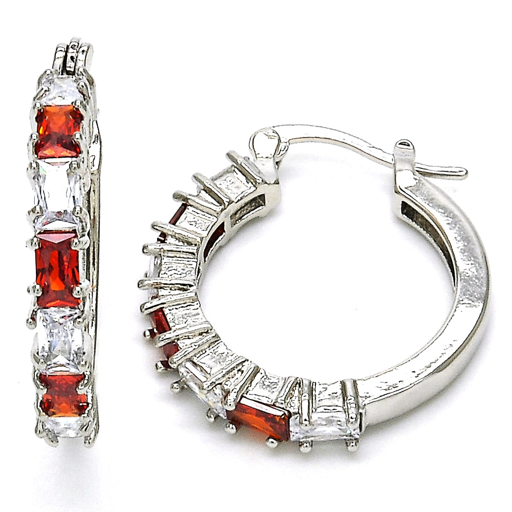 Rhodium Gold Filled Small Hoop, with Garnet and White Cubic Zirconia, Polished, Rhodium Finish