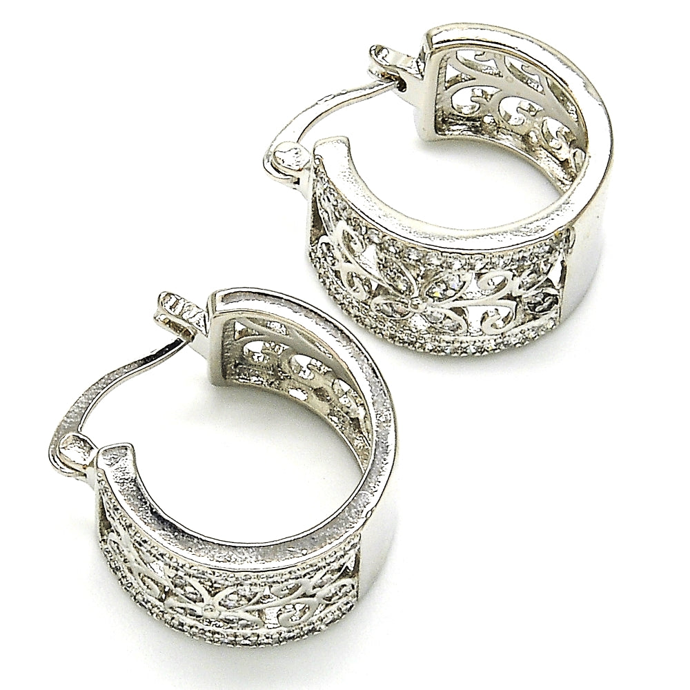 Rhodium Gold Filled Small Hoop, Flower and Leaf Design, with White Cubic Zirconia, Polished, Rhodium Finish