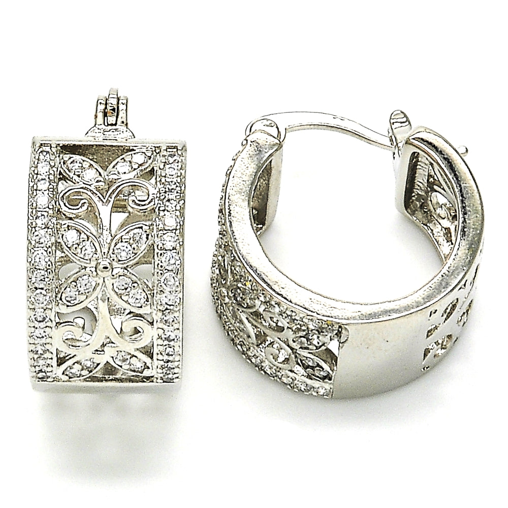 Rhodium Gold Filled Small Hoop, Flower and Leaf Design, with White Cubic Zirconia, Polished, Rhodium Finish