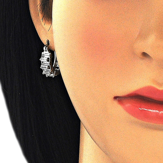 Rhodium Gold Filled Small Hoop, Baguette Design, with White Cubic Zirconia, Polished, Rhodium Finish