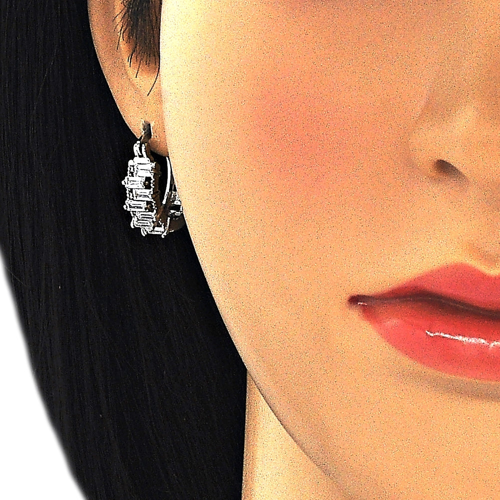 Rhodium Gold Filled Small Hoop, Baguette Design, with White Cubic Zirconia, Polished, Rhodium Finish