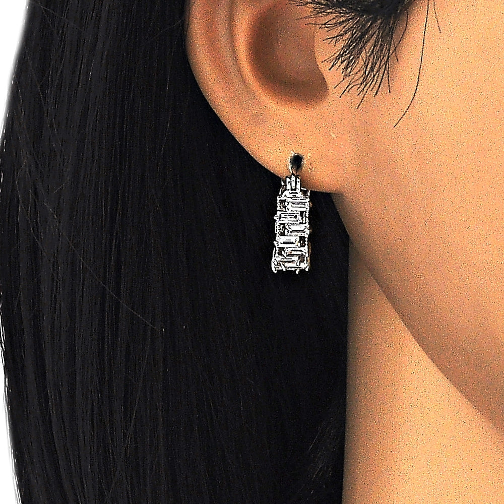 Rhodium Gold Filled Small Hoop, Baguette Design, with White Cubic Zirconia, Polished, Rhodium Finish