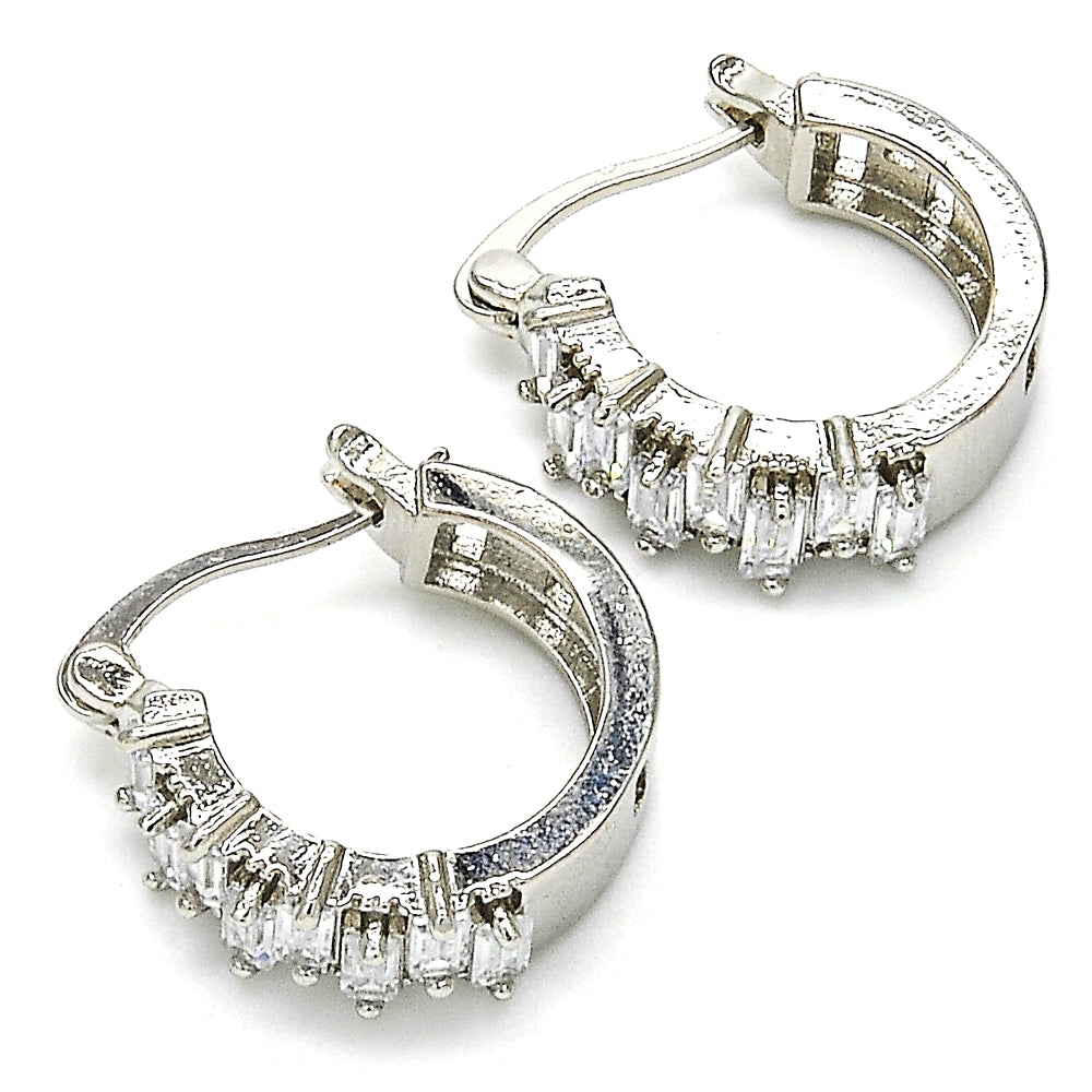 Rhodium Gold Filled Small Hoop, Baguette Design, with White Cubic Zirconia, Polished, Rhodium Finish