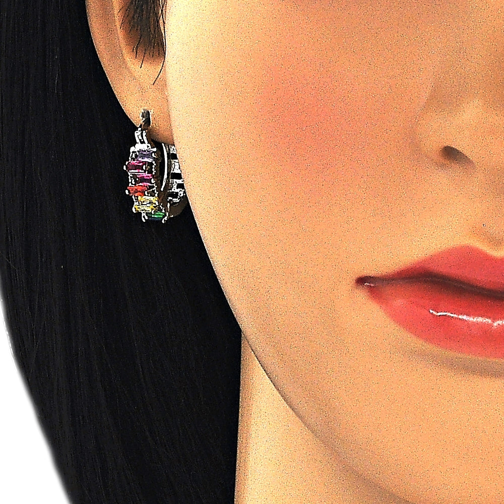 Rhodium Gold Filled Small Hoop, Baguette Design, with Multicolor Cubic Zirconia, Polished, Rhodium Finish
