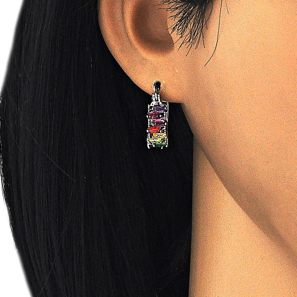 Rhodium Gold Filled Small Hoop, Baguette Design, with Multicolor Cubic Zirconia, Polished, Rhodium Finish