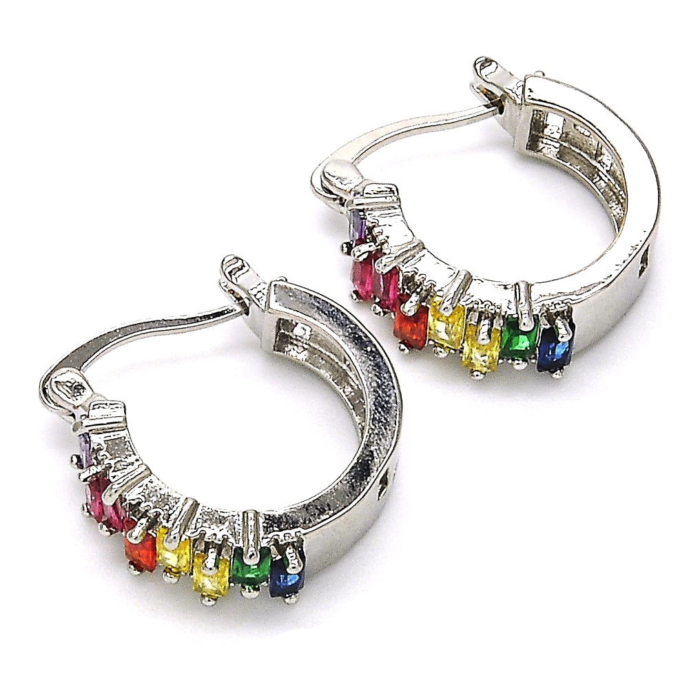 Rhodium Gold Filled Small Hoop, Baguette Design, with Multicolor Cubic Zirconia, Polished, Rhodium Finish
