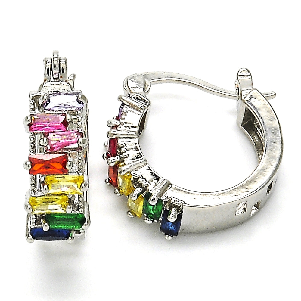 Rhodium Gold Filled Small Hoop, Baguette Design, with Multicolor Cubic Zirconia, Polished, Rhodium Finish