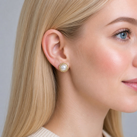 Oro Laminado Stud Earring, Gold Filled Style with Ivory Pearl, Polished, Golden Finish