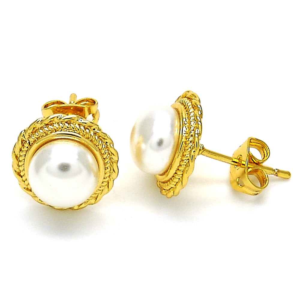 Oro Laminado Stud Earring, Gold Filled Style with Ivory Pearl, Polished, Golden Finish