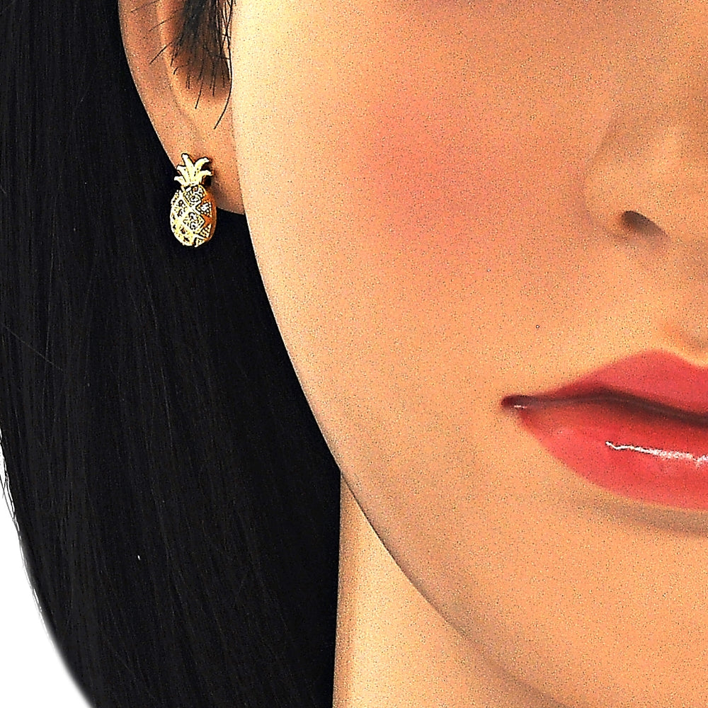 Oro Laminado Stud Earring, Gold Filled Style Pineapple Design, with White Micro Pave, Polished, Golden Finish