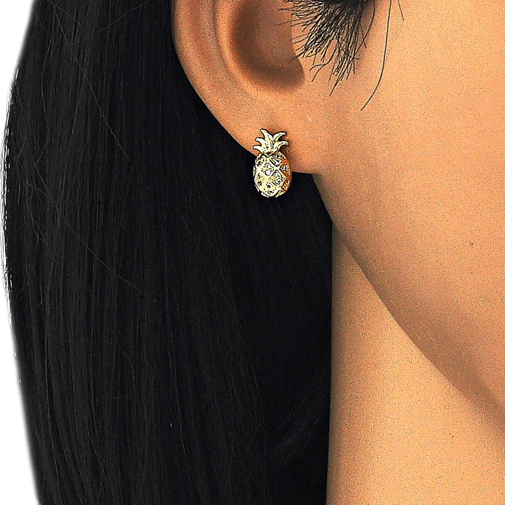 Oro Laminado Stud Earring, Gold Filled Style Pineapple Design, with White Micro Pave, Polished, Golden Finish