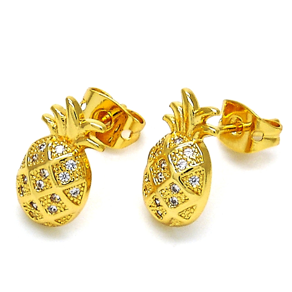 Oro Laminado Stud Earring, Gold Filled Style Pineapple Design, with White Micro Pave, Polished, Golden Finish