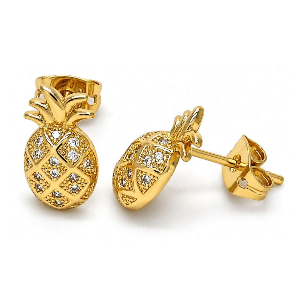 Oro Laminado Stud Earring, Gold Filled Style Pineapple Design, with White Micro Pave, Polished, Golden Finish