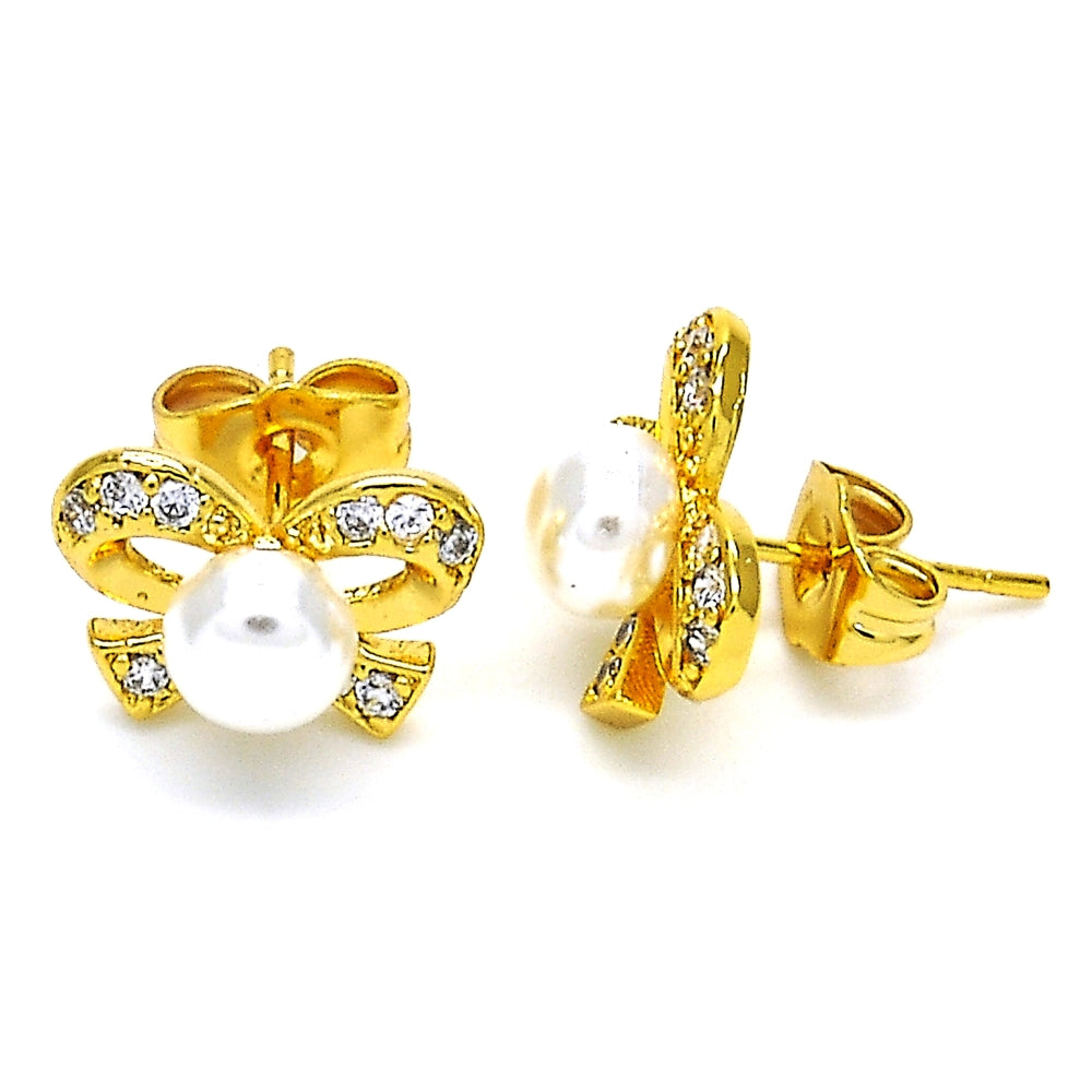 Oro Laminado Stud Earring, Gold Filled Style with White Cubic Zirconia and Ivory Pearl, Polished, Golden Finish