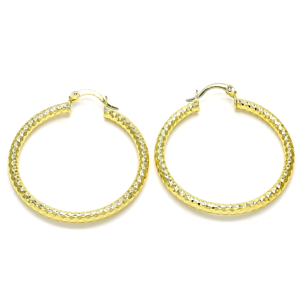 Oro Laminado Medium Hoop, Gold Filled Style Hollow Design, Diamond Cutting Finish, Golden Finish