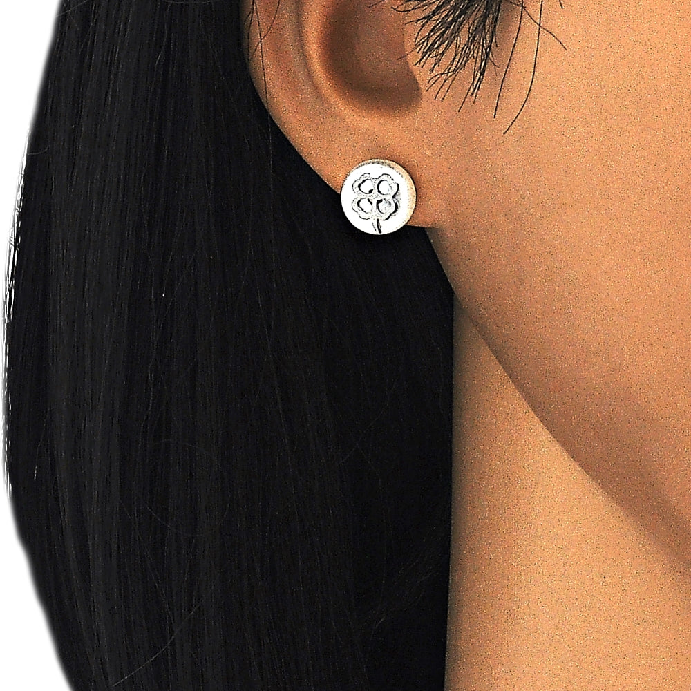 Stainless Steel Stud Earring, Four-leaf Clover Design, with Ivory Pearl, Polished, Steel Finish