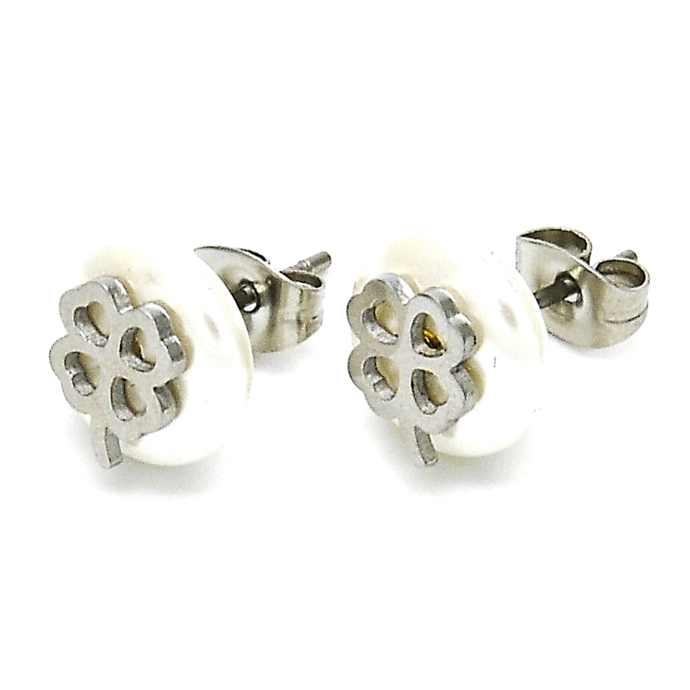 Stainless Steel Stud Earring, Four-leaf Clover Design, with Ivory Pearl, Polished, Steel Finish