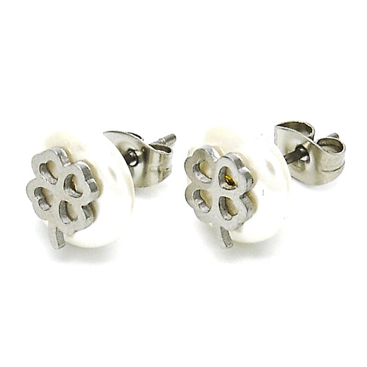 Stainless Steel Stud Earring, Four-leaf Clover Design, with Ivory Pearl, Polished, Steel Finish