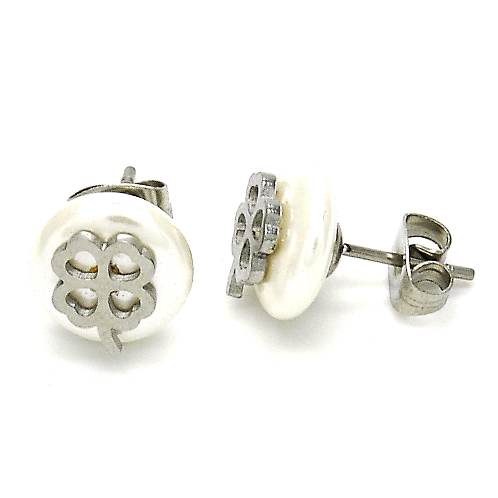 Stainless Steel Stud Earring, Four-leaf Clover Design, with Ivory Pearl, Polished, Steel Finish