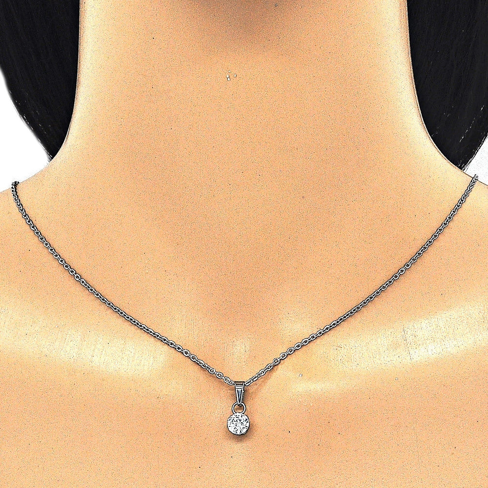 Stainless Steel Pendant Necklace, with White Cubic Zirconia, Polished, Steel Finish