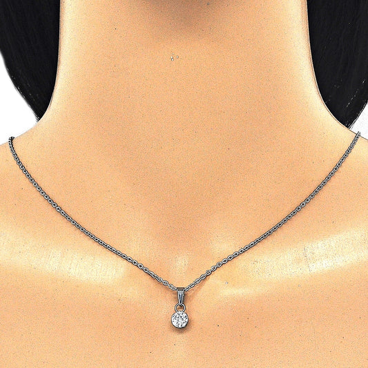 Stainless Steel Pendant Necklace, with White Cubic Zirconia, Polished, Steel Finish