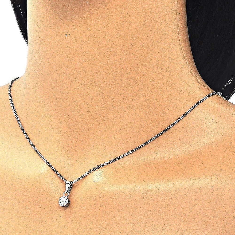 Stainless Steel Pendant Necklace, with White Cubic Zirconia, Polished, Steel Finish
